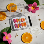 Luxury unboxing acrylic nail box sunset bloom watercolor press-on nails with orange slices pink flowers gold beads — LuxepressCo