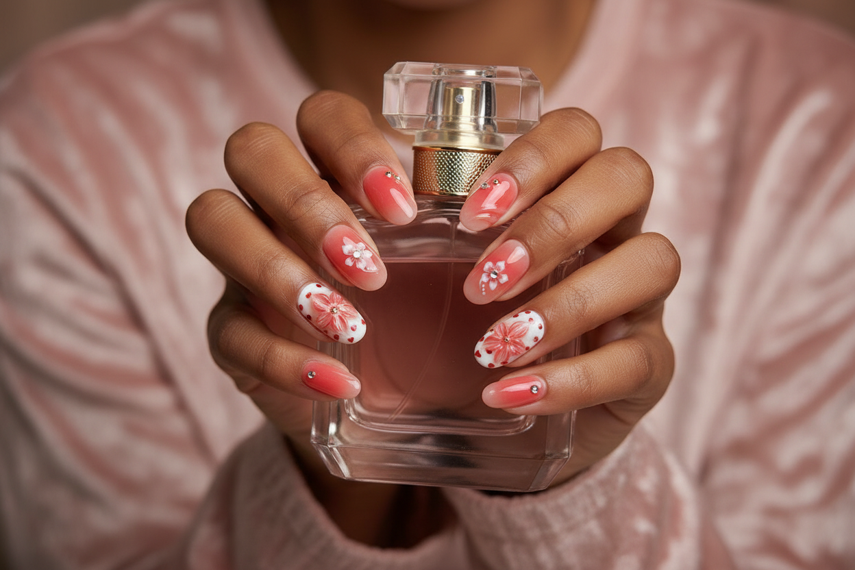 Dark skin hands holding pink perfume wearing red jelly floral custom press-on nails inclusive beauty — LuxepressCo
