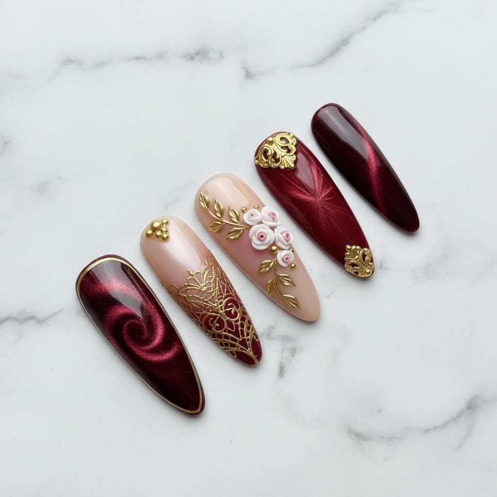 Full set 10 burgundy rose baroque custom press-on nails on marble background — LuxepressCo