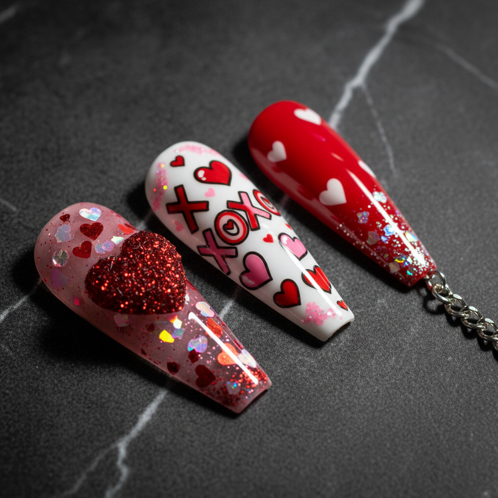 Valentine's Day XOXO hearts glitter close-up custom press-on nails red pink dramatic — LuxepressCo
