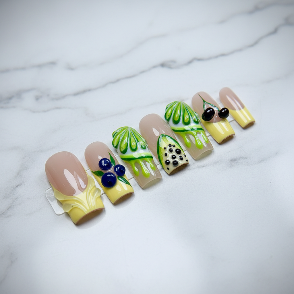 Full set 10 citrus French garden nude yellow French tip lime cherry blueberry square custom press-on nails on marble — LuxepressCo