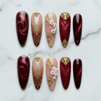 Flat lay top-down full set 10 burgundy baroque custom press-on nails marble — LuxepressCo