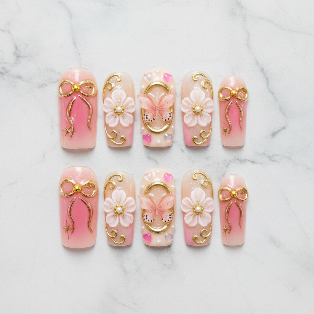Flat lay top-down 10 pink gold 3D bow butterfly floral custom press-on nails white marble — LuxepressCo