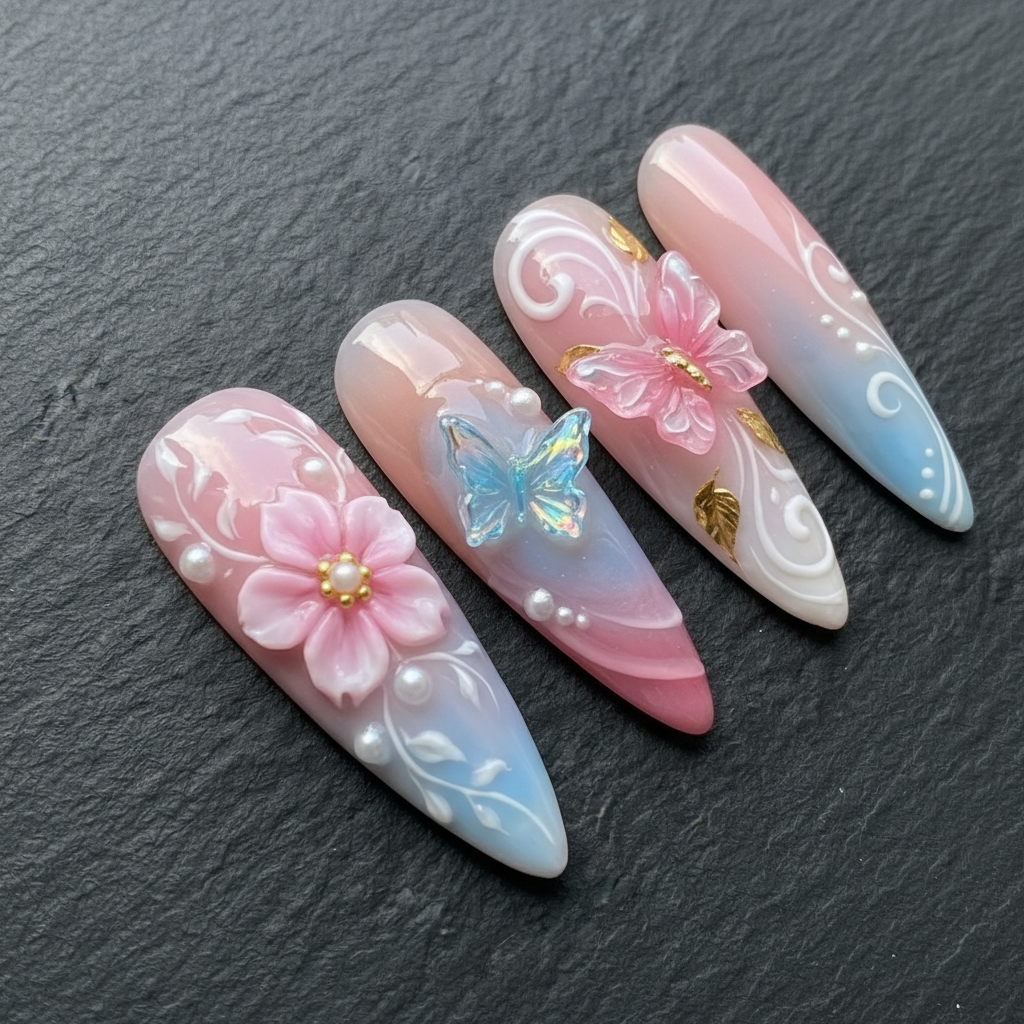 Macro close-up 3D floral pearl holographic butterfly custom press-on nails pink blue — LuxepressCo