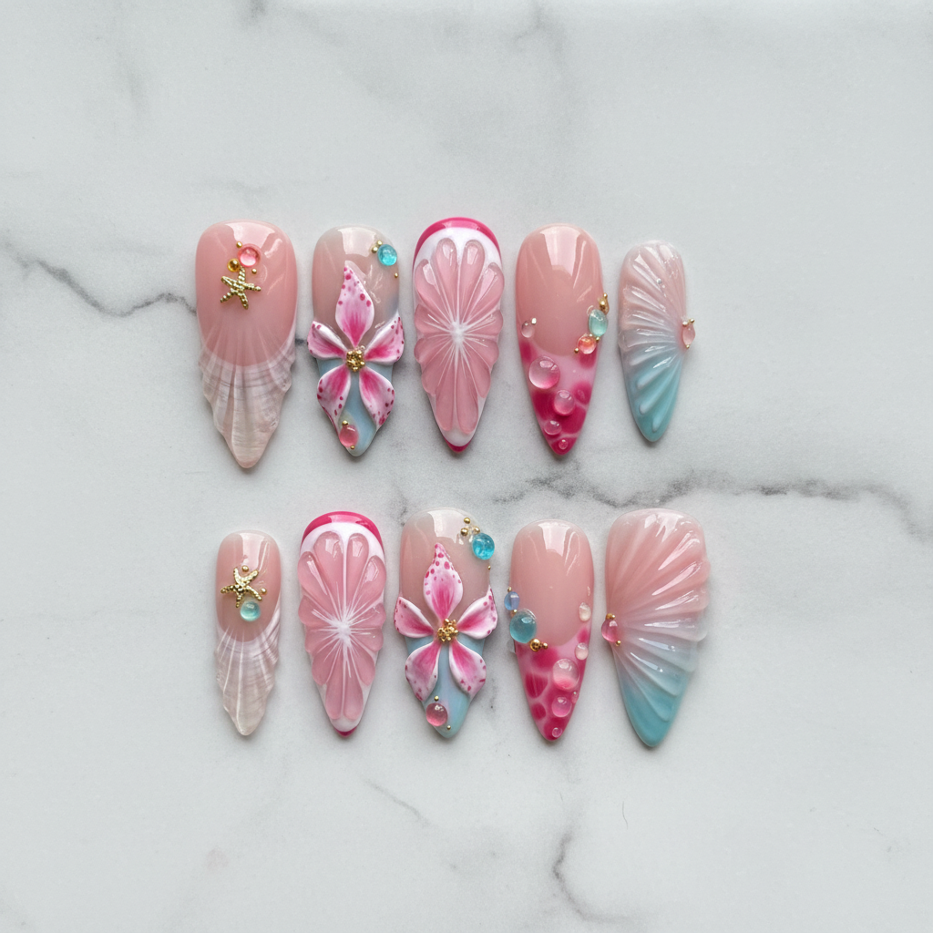 Flat lay top-down full set 10 mermaid shell 3D tropical flower jelly bubble salon-quality nails white marble — LuxepressCo