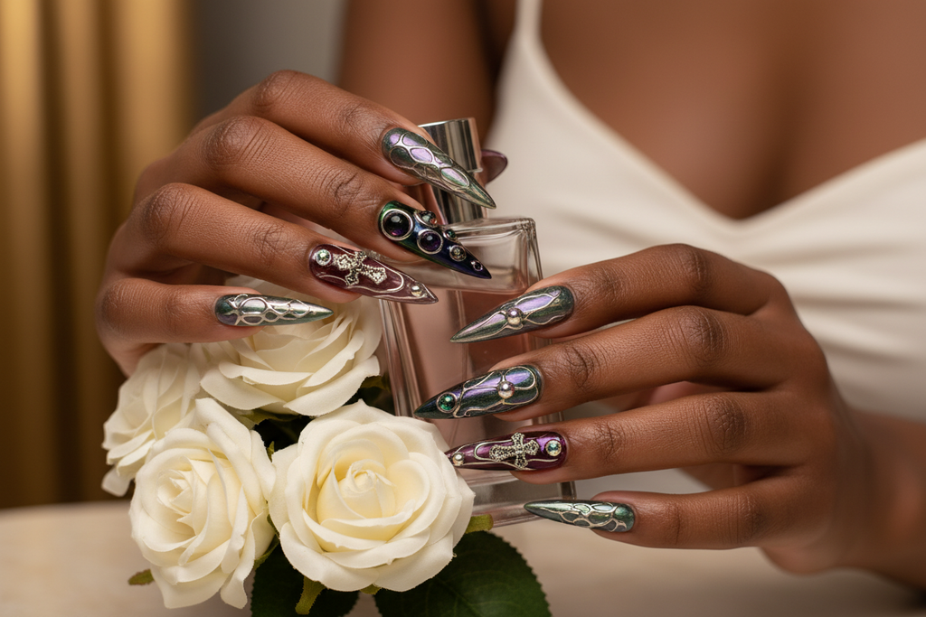 Lifestyle dark skin hands wearing gothic chrome stiletto custom press-on nails holding roses — LuxepressCo
