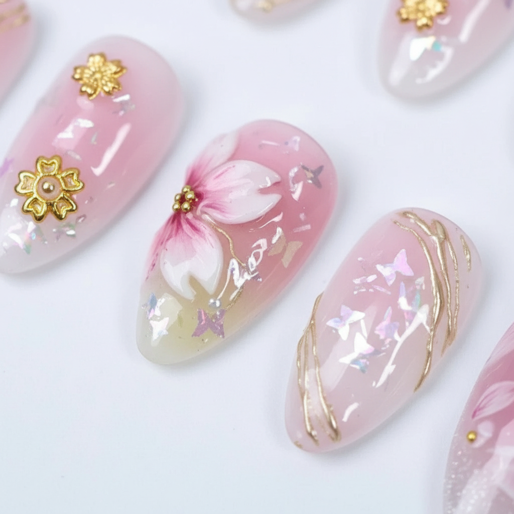 Macro close-up pink 3D cherry blossom sakura gold charm iridescent foil custom press-on nails — LuxepressCo