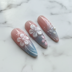 Macro close-up butterfly wing star nail art custom press-on nails pink blue ombre glossy texture — LuxepressCo