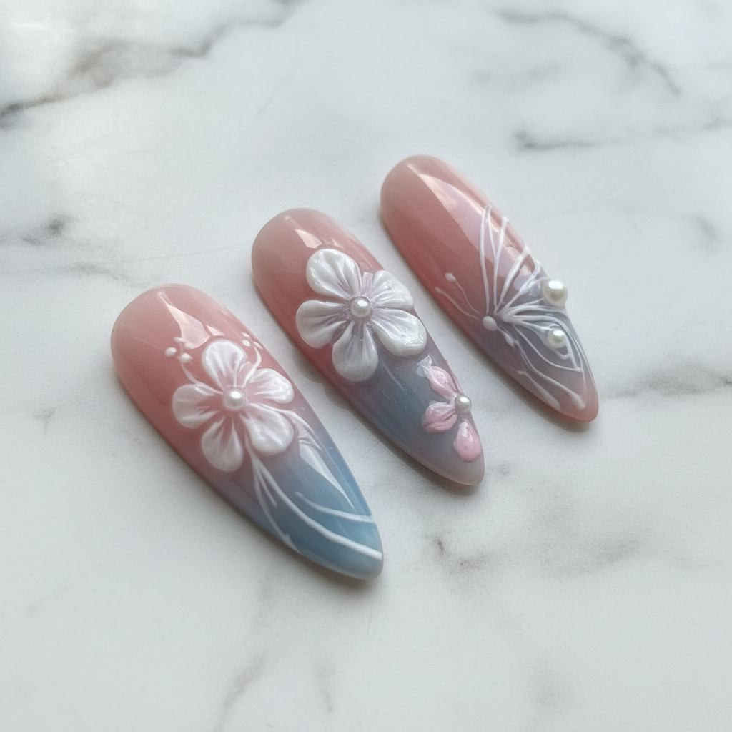 Macro close-up butterfly wing star nail art custom press-on nails pink blue ombre glossy texture — LuxepressCo