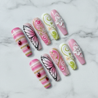 Full set 10 spring garden 3D press-on nails with butterfly, ladybug and floral art on marble background custom press-on nails pink green — LuxepressCo