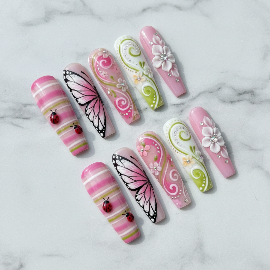 Full set 10 spring garden 3D press-on nails with butterfly, ladybug and floral art on marble background custom press-on nails pink green — LuxepressCo