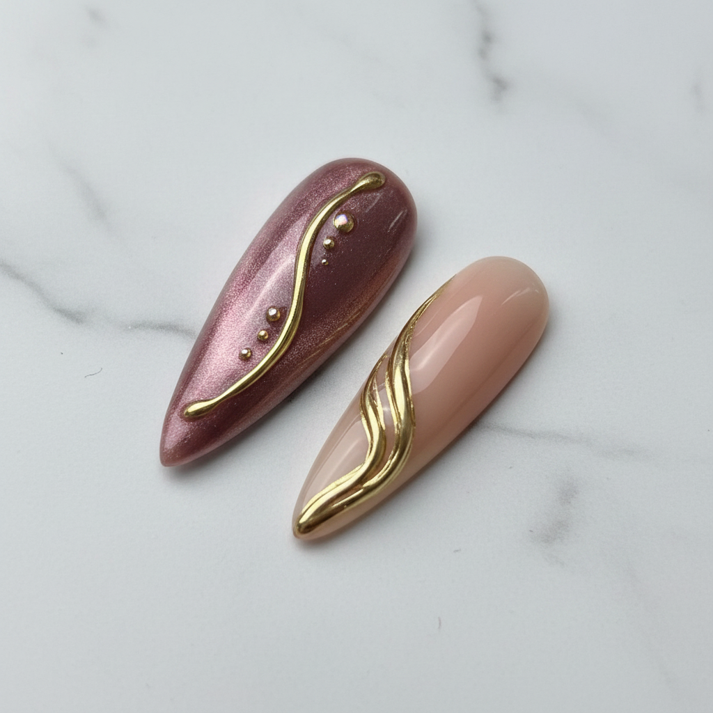 Close-up rose gold chrome swirl stiletto reusable nails glossy texture marble — LuxepressCo