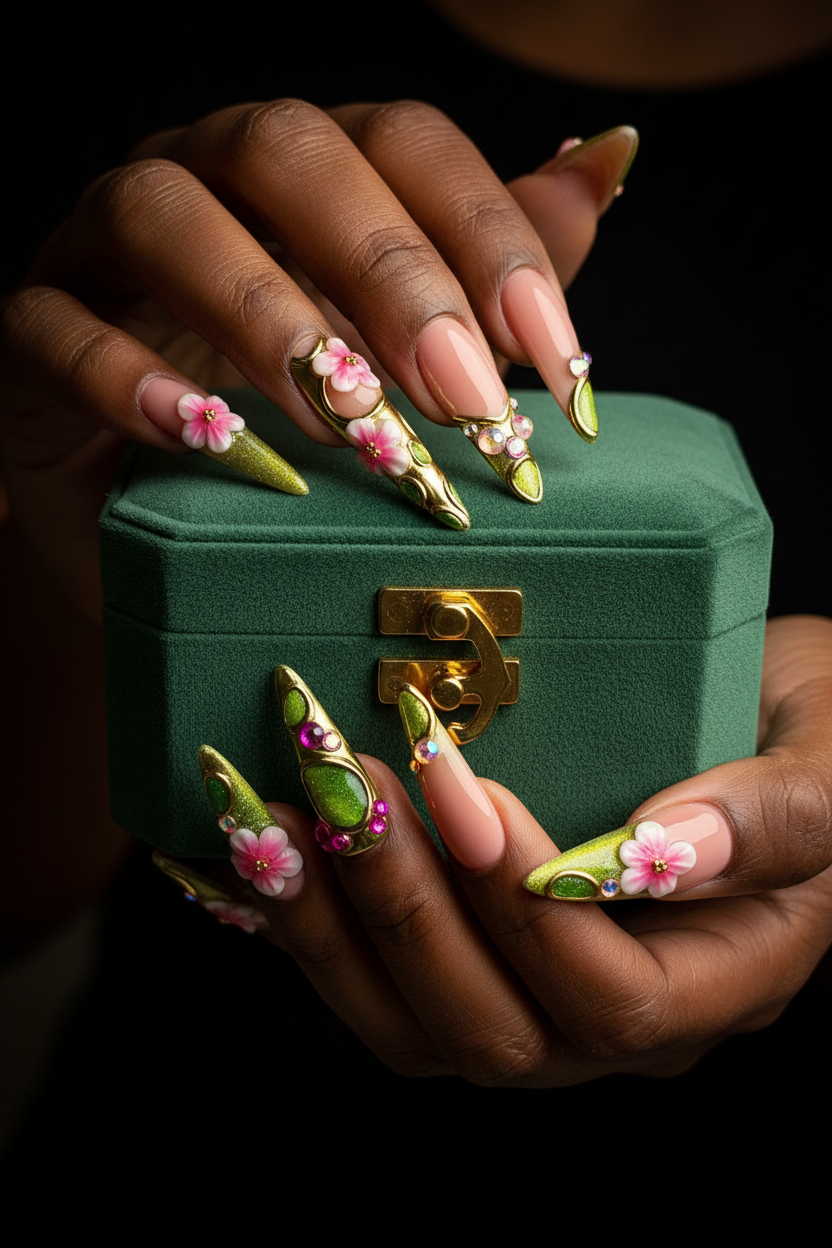 Dark-skin lifestyle gold chrome armor green cat-eye 3D cherry blossom custom press-on nails holding green velvet box — LuxepressCo