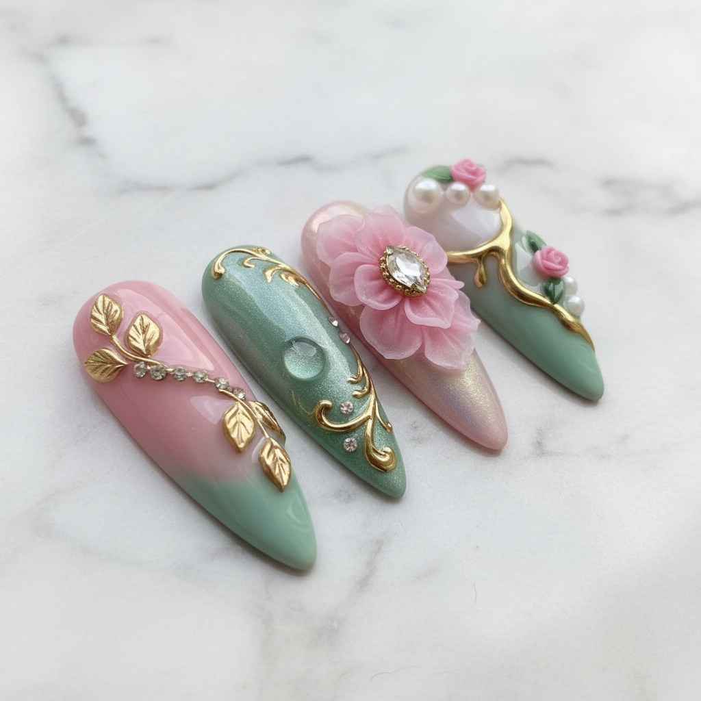 Close-up gold leaf rhinestone pearl pink mint ombre custom press-on nails glossy texture — LuxepressCo