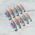 Full set 10 blue floral 3D pearl gold vine custom press-on nails on marble — LuxepressCo