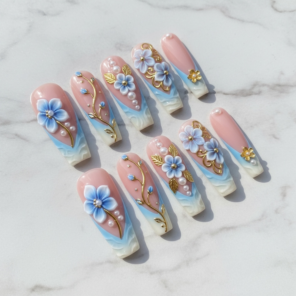 Full set 10 blue floral 3D pearl gold vine custom press-on nails on marble — LuxepressCo
