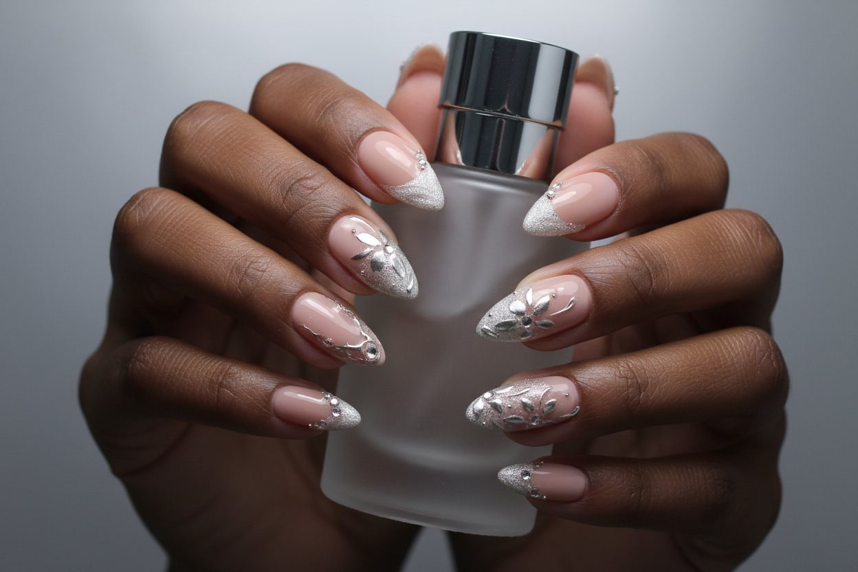 Dark skin hands holding silver frosted perfume wearing silver chrome botanical custom press-on nails nude bridal — LuxepressCo