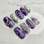 Full set 10 purple snake floral almond custom press-on nails on marble background — LuxepressCo