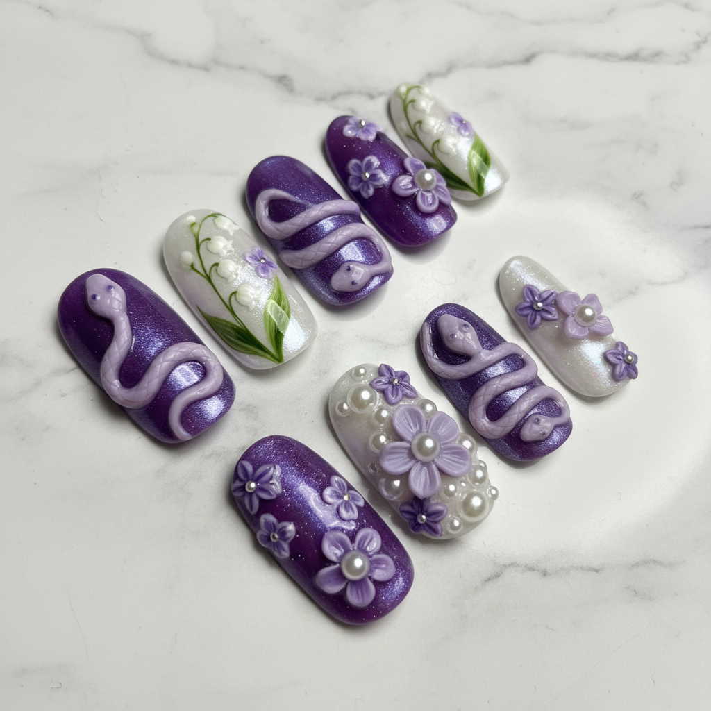 Full set 10 purple snake floral almond custom press-on nails on marble background — LuxepressCo