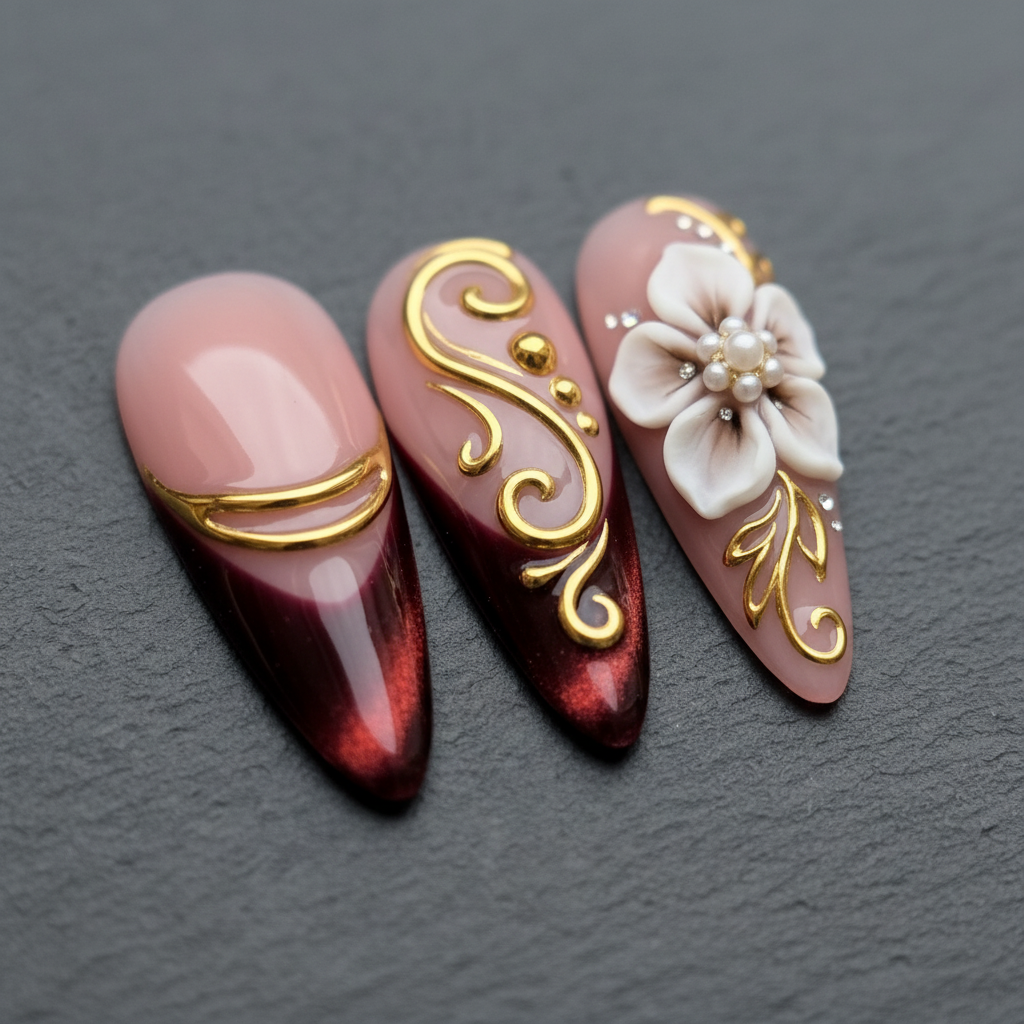 Close-up macro burgundy chrome gold filigree 3D pearl flower custom press-on nails dramatic lighting — LuxepressCo