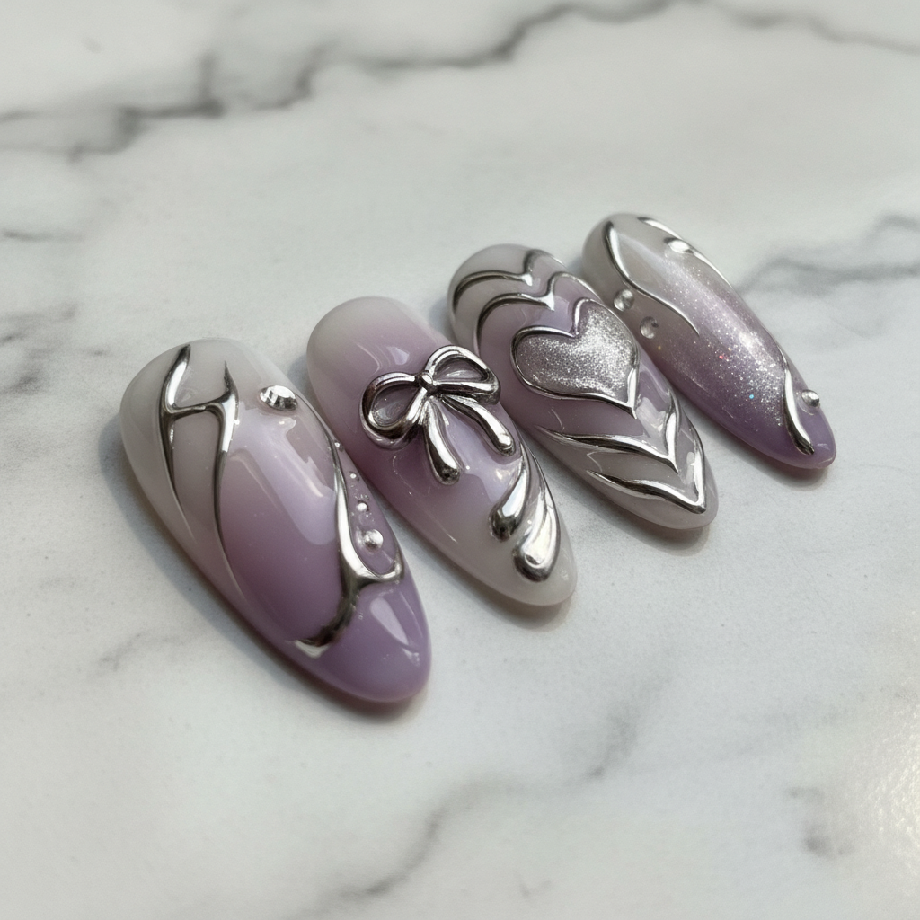 Close-up chrome sparkle star and bubble embellishment lavender white ombre almond press-on nails texture detail — LuxepressCo