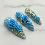 Macro blue jelly stiletto nails gold leaf filigree glossy texture custom press-on nails — LuxepressCo