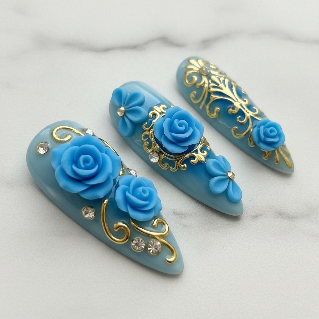 Macro blue jelly stiletto nails gold leaf filigree glossy texture custom press-on nails — LuxepressCo