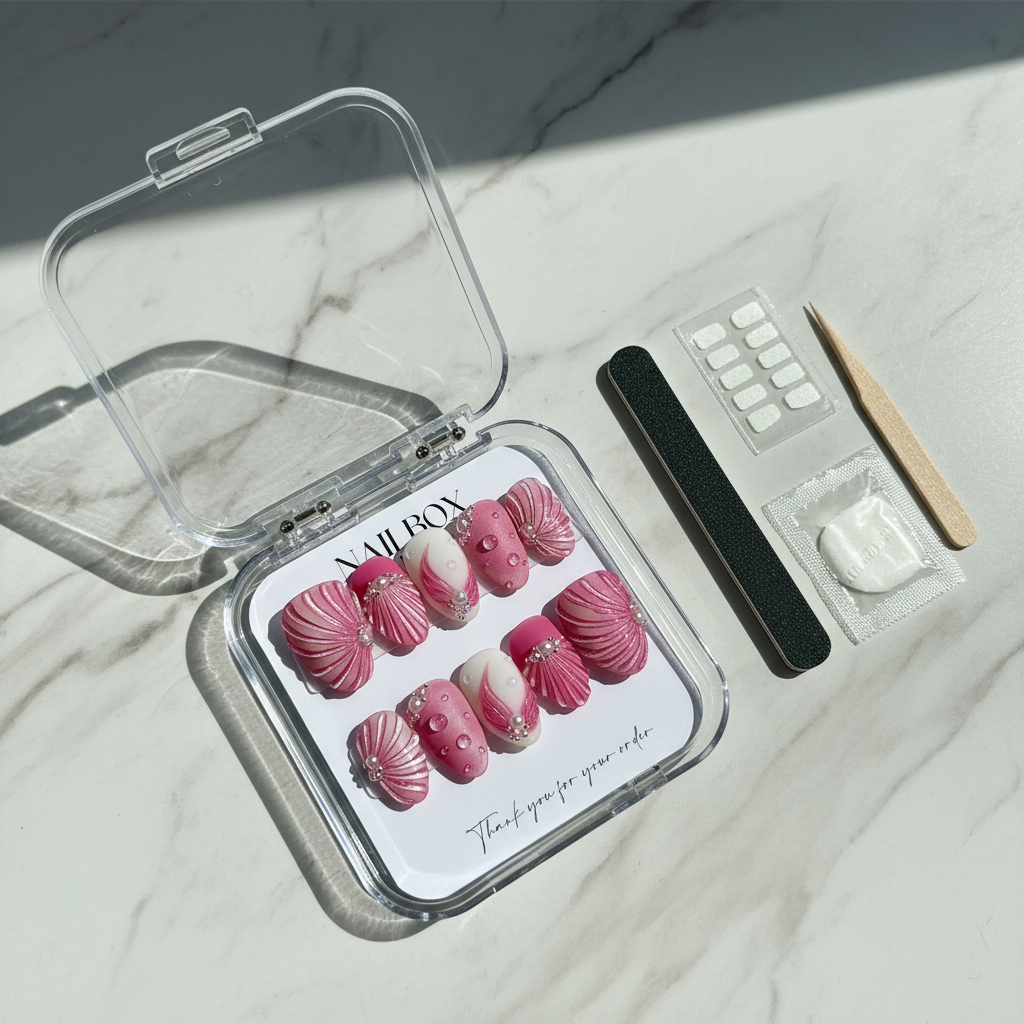 Luxury unboxing shot of pink shell press-on nails in clear acrylic box with accessories