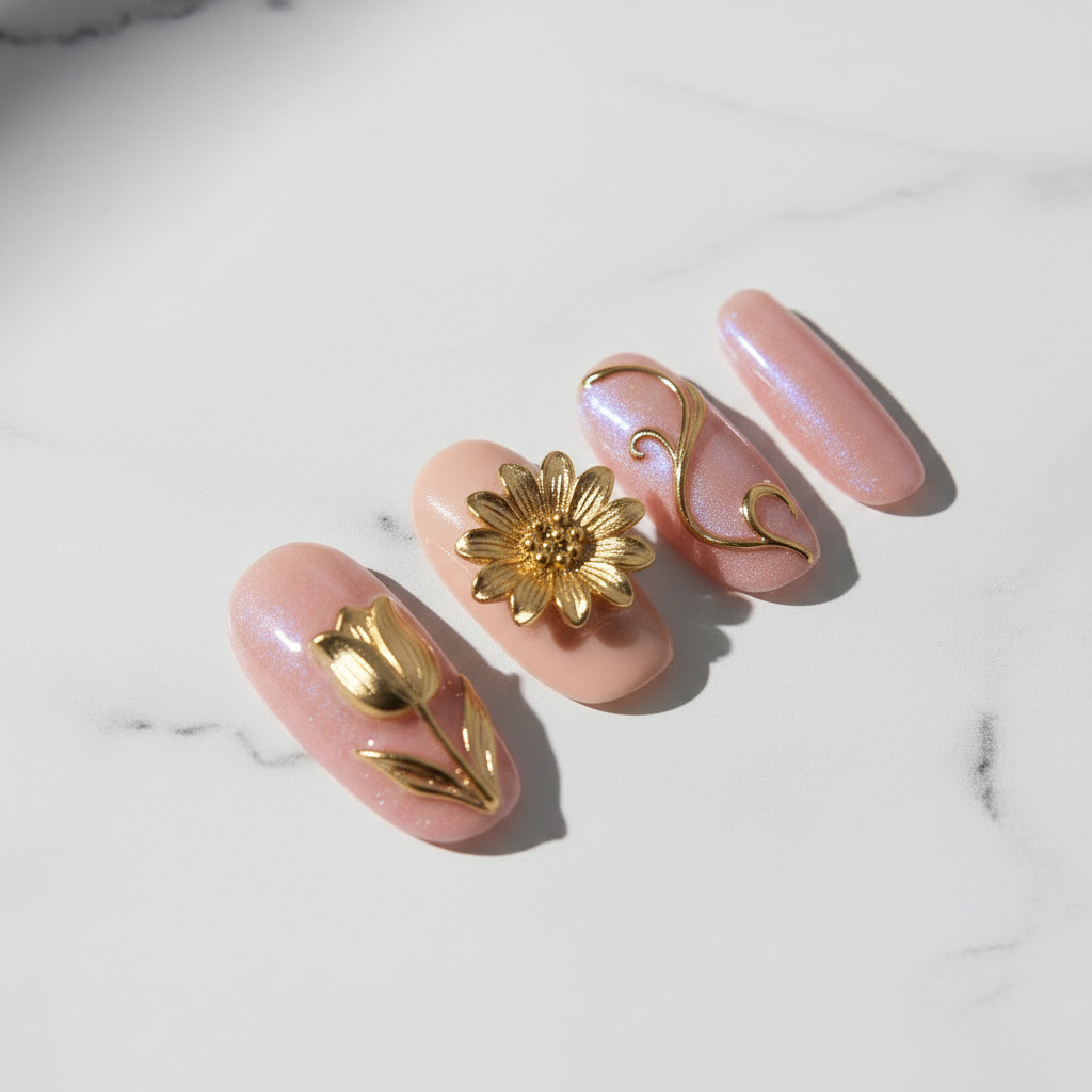 Gold chrome sunflower vine botanical macro custom press-on nails blush pink aurora texture gloss — LuxepressCo