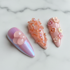 Macro close-up aurora holographic jelly bubble flower charm custom press-on nails marble texture — LuxepressCo