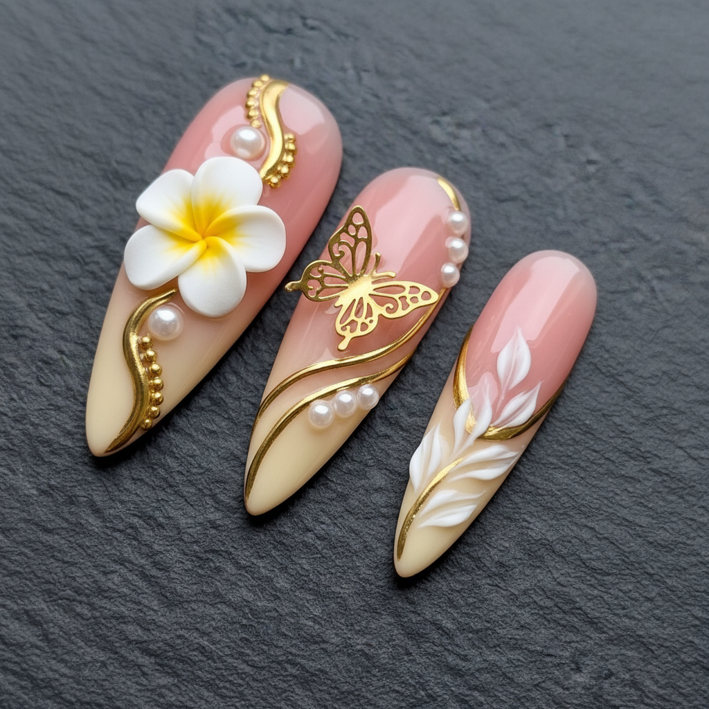 Close-up 3D white plumeria flower pearl gold butterfly custom press-on nails blush pink — LuxepressCo