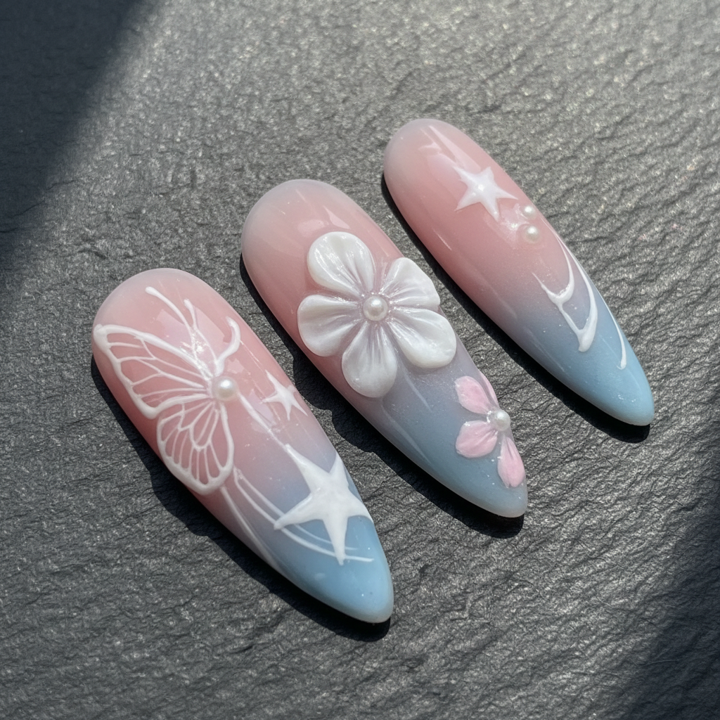 Macro close-up 3D white floral pearl embellishment custom press-on nails pink blue ombre dramatic light — LuxepressCo