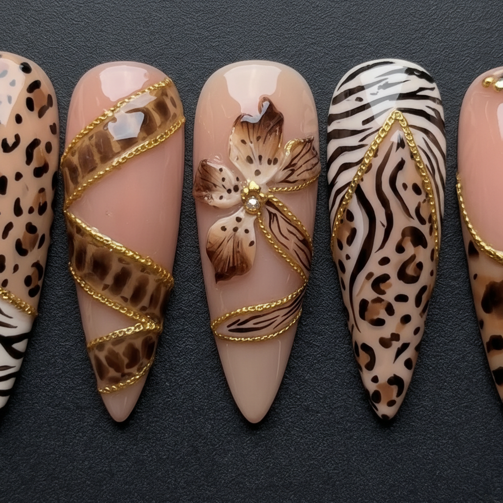 Macro close-up 3D floral rhinestone gold chain animal print custom press-on nails brown leopard — LuxepressCo