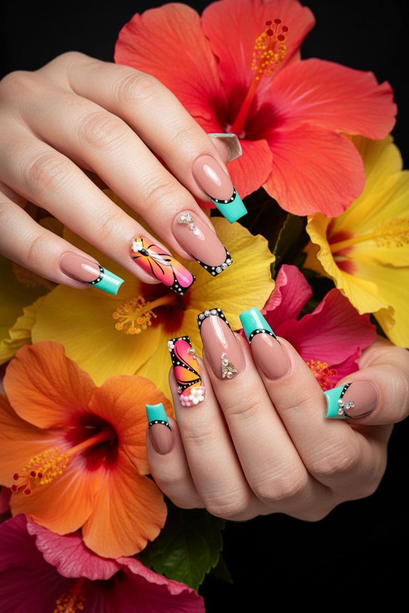 Fair-skin lifestyle butterfly wing teal lime pink orange ombre custom press-on nails holding tropical flowers — LuxepressCo