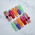 Full set 10 colorful mixed fruit 3D gel square custom press-on nails cherry watermelon orange grape on marble — LuxepressCo