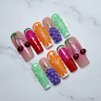 Full set 10 colorful mixed fruit 3D gel square custom press-on nails cherry watermelon orange grape on marble — LuxepressCo