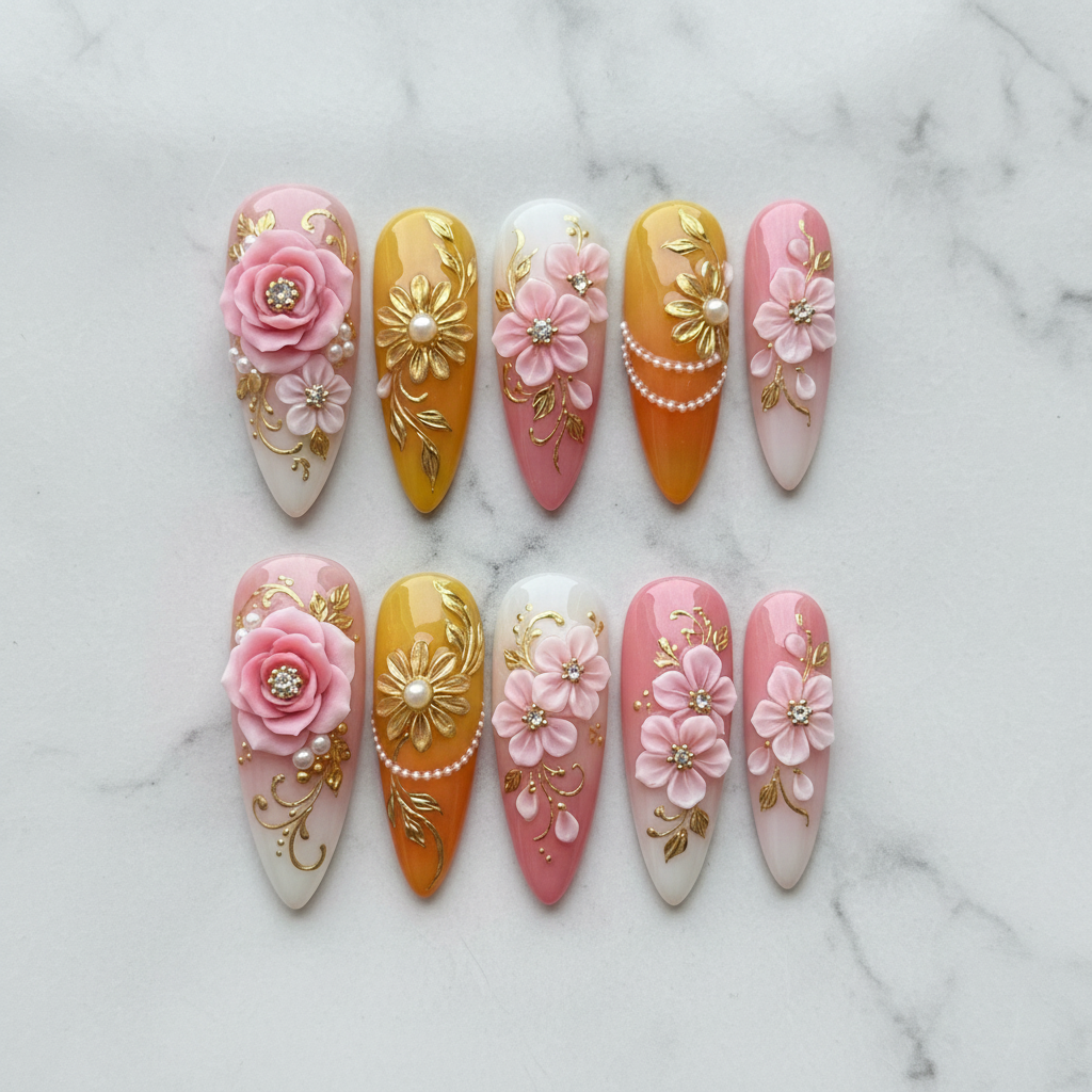 Flat lay top-down full set 10 pink gold 3D floral pearl rhinestone almond custom press-on nails — LuxepressCo