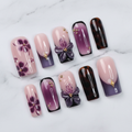 Purple ombre bow violet flower 3D dark bow gold star white line art custom press-on nails full set on white marble — LuxepressCo