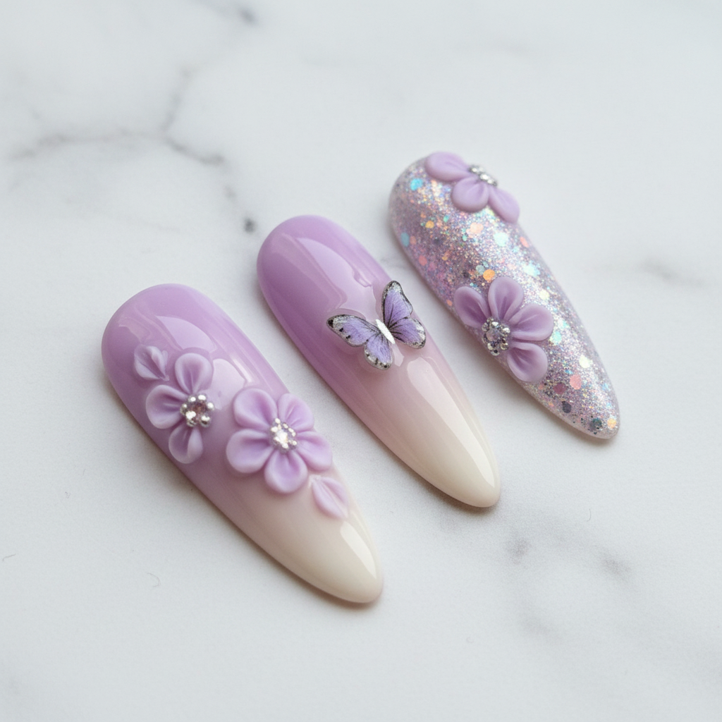 Macro close-up butterfly charm holographic glitter lavender almond reusable nails salon-quality — LuxepressCo