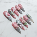 Full set 10 luxury 3D lotus press-on nails pink gray marble background custom press-on nails — LuxepressCo