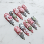 Full set 10 luxury 3D lotus press-on nails pink gray marble background custom press-on nails — LuxepressCo