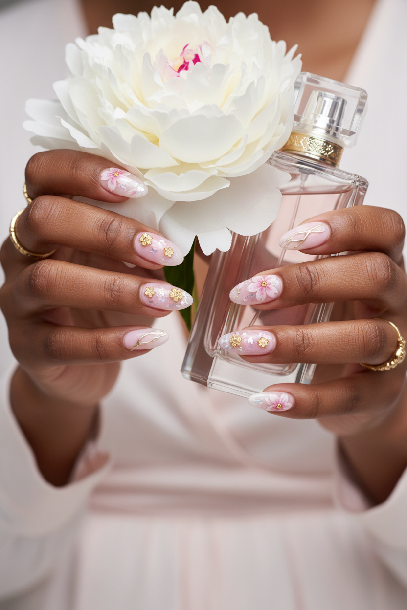 Dark skin lifestyle pink cherry blossom sakura custom press-on nails inclusive beauty — LuxepressCo