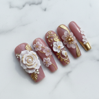 Macro close-up 3D floral gold swirl glitter custom press-on nails texture detail — LuxepressCo