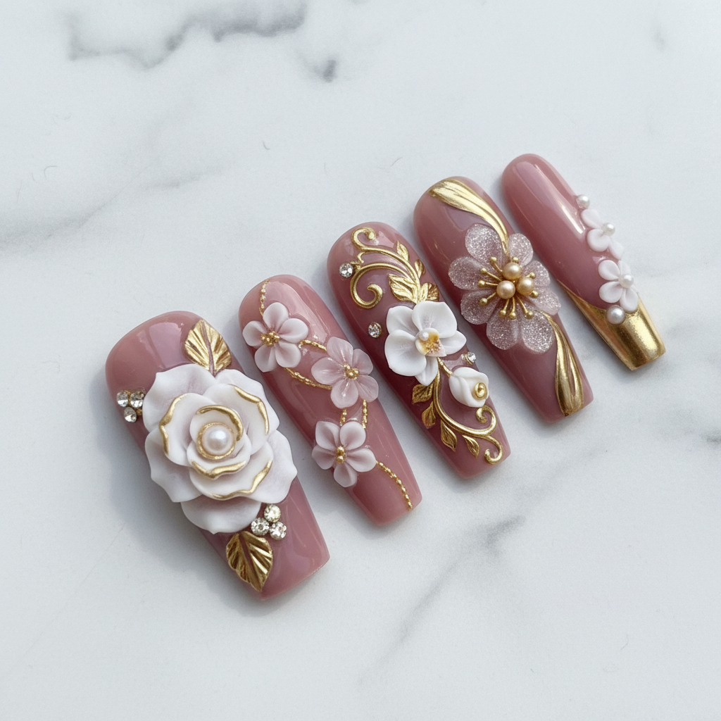 Macro close-up 3D floral gold swirl glitter custom press-on nails texture detail — LuxepressCo