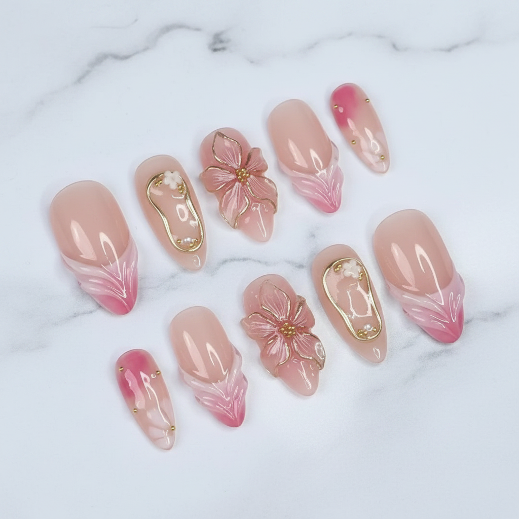 Pink ombre chiffon flower 3D gold oval frame pearl gradient custom press-on nails full set on white marble — LuxepressCo