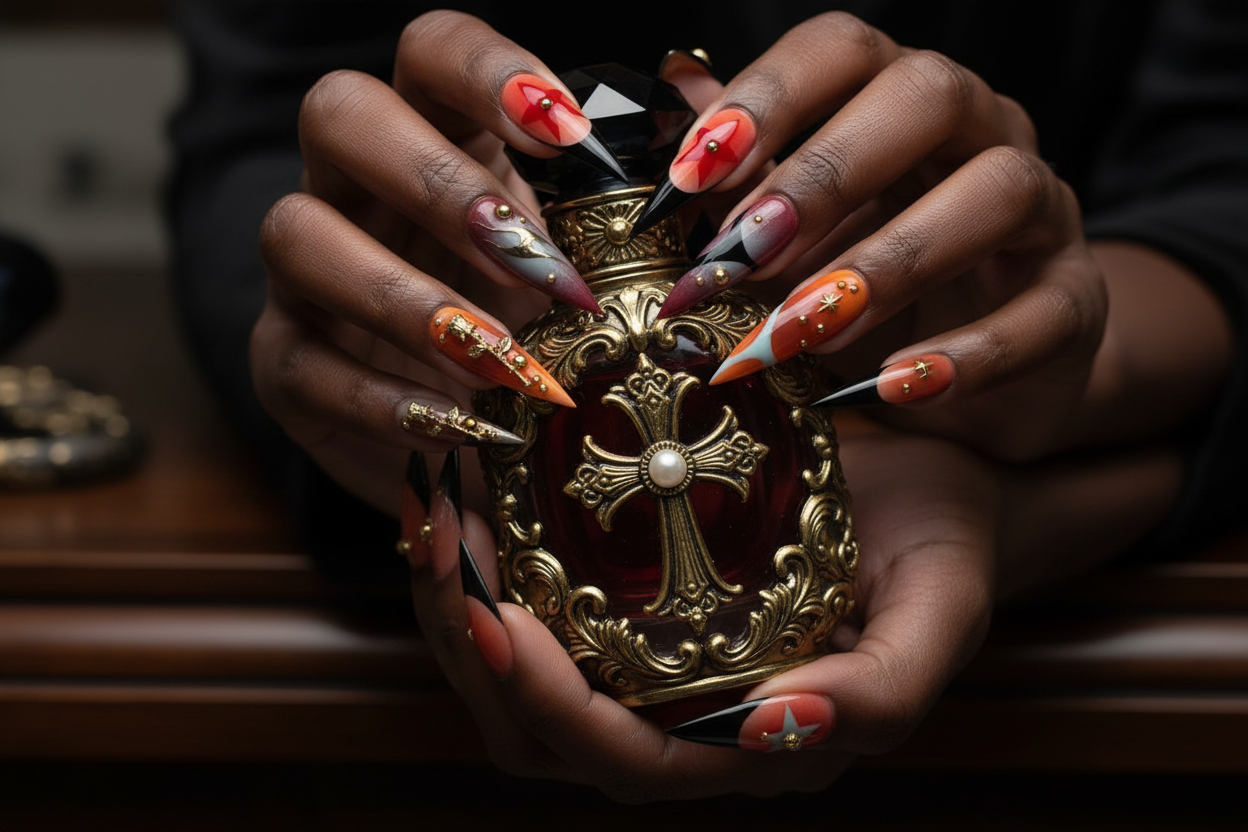 Dark-skin hands wearing gothic dragon reusable press-on nails holding dark red gold gothic perfume bottle — LuxepressCo