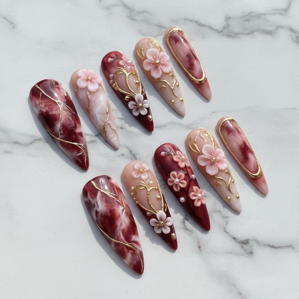 Hero studio shot full set 10 burgundy marble stiletto custom press-on nails white marble background — LuxepressCo