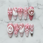 Swan Lake Ballet 10 custom press-on nails flat lay top-down studio white marble — LuxepressCo