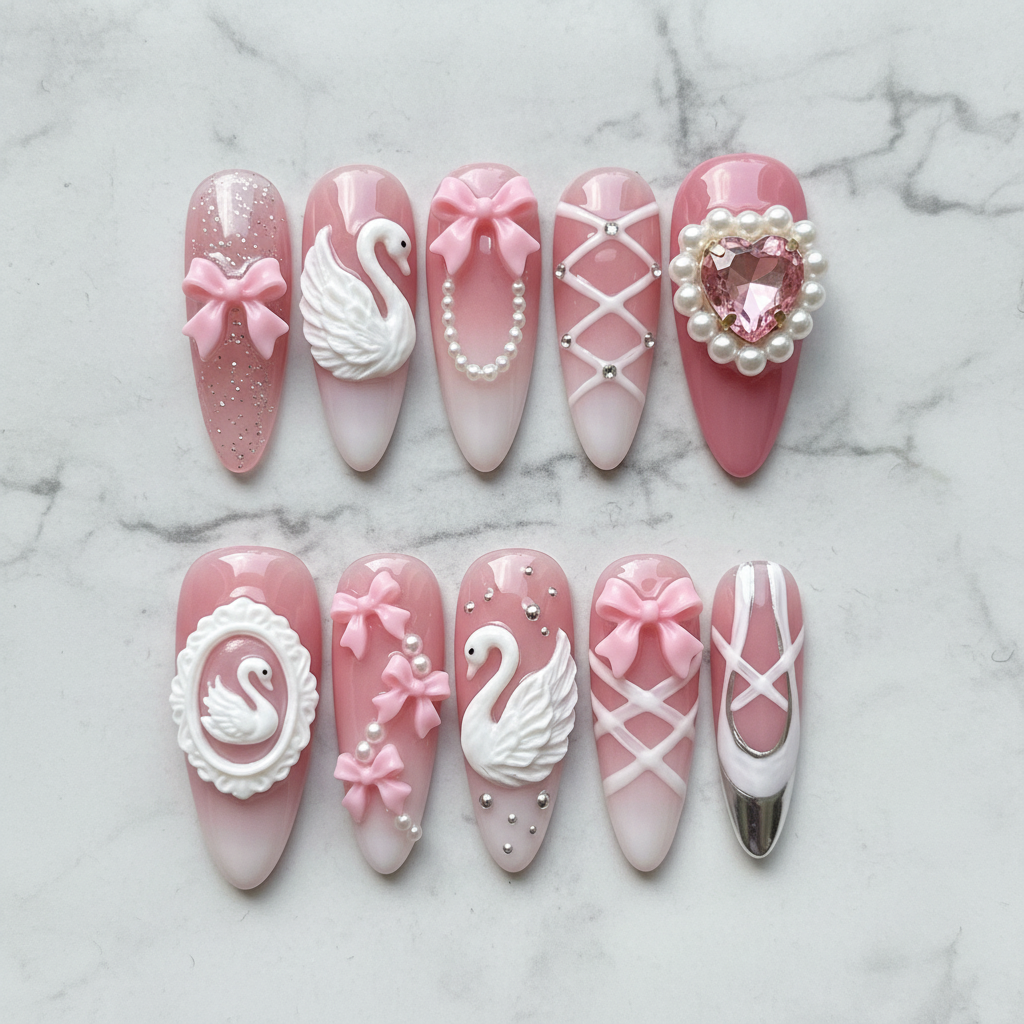 Swan Lake Ballet 10 custom press-on nails flat lay top-down studio white marble — LuxepressCo