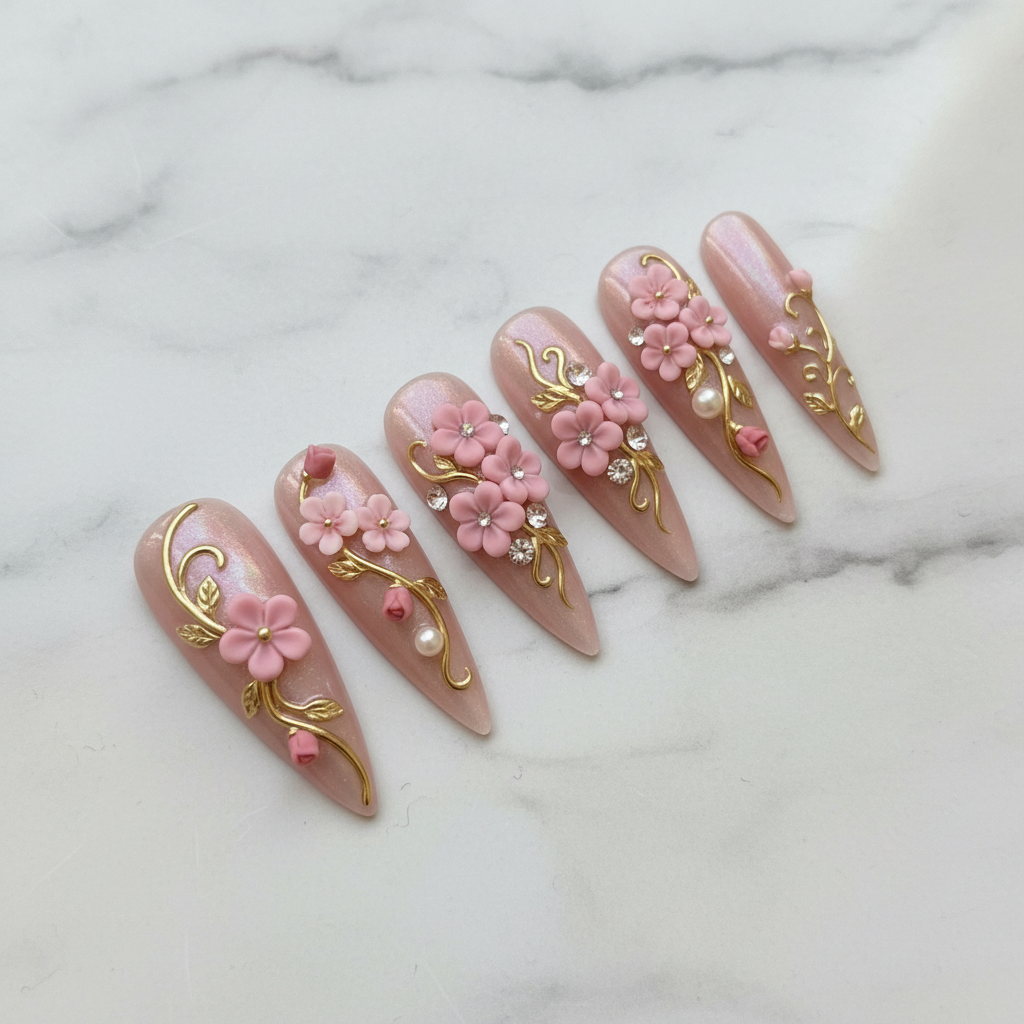 Full set 10 3D pink floral gold vine stiletto custom press-on nails on marble background — LuxepressCo